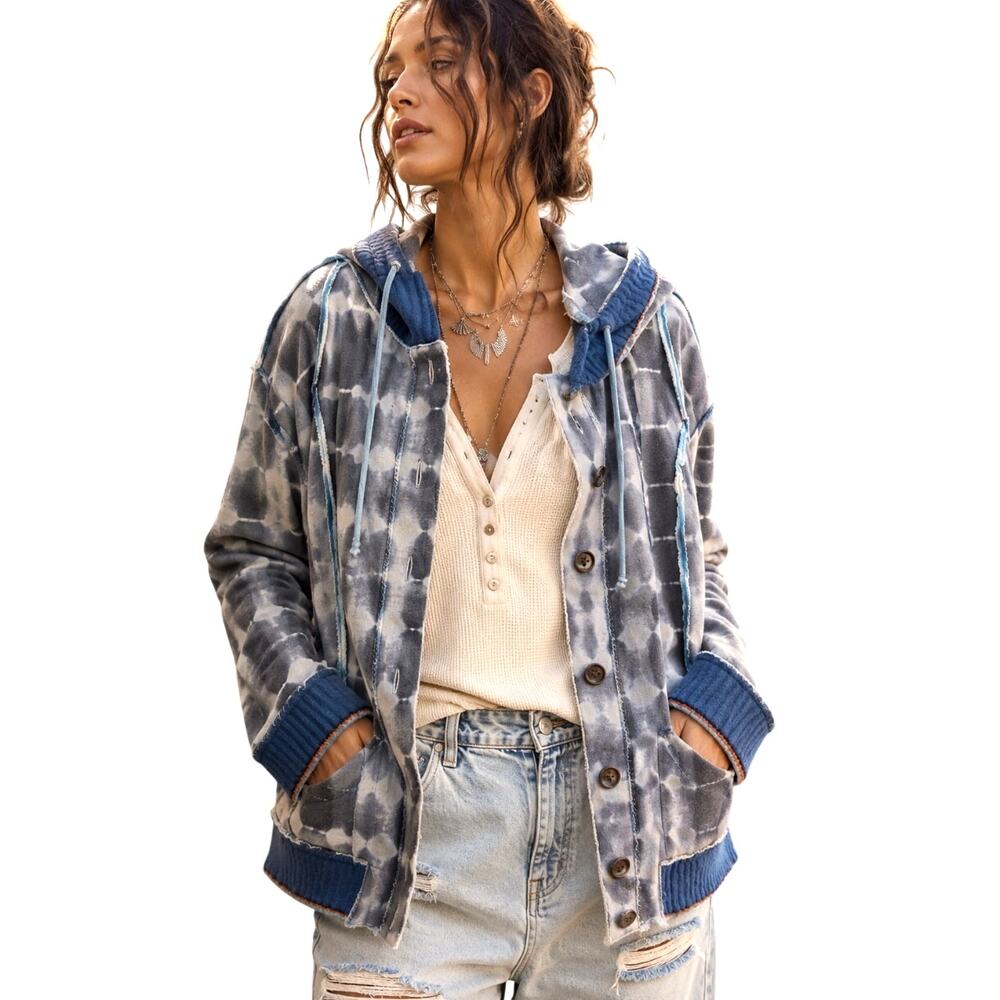 We The Free Blue Tie Dye Hooded Jacket Large Raw Edge Mixed Print Shacket Boho